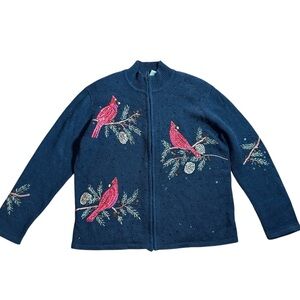 Vintage Heirloom Collectibles Red Cardinal Christmas Novelty Zip Cardigan L XL